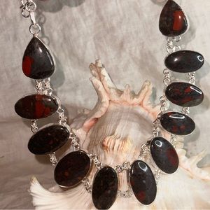 Bloodstone multi-gem cabochon statement cluster necklace